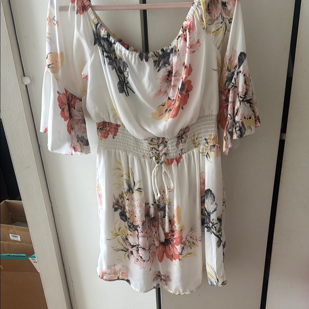 White and Pink Flutter Sleeve Blouse with Ruffled Neckline